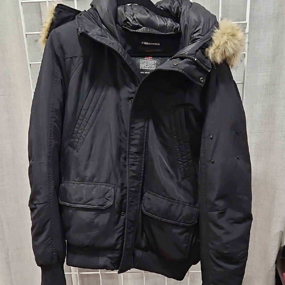 Black Redskins Men's Puffer Jacket with Fur Trim 2xl